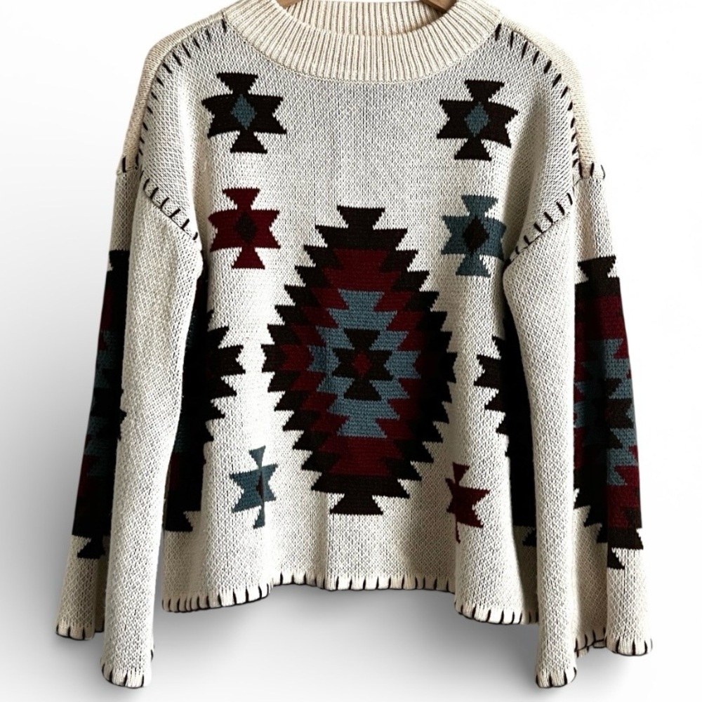 ROCKIN C Southwest Sweater Crewneck Pullover Cream Aztec Print M